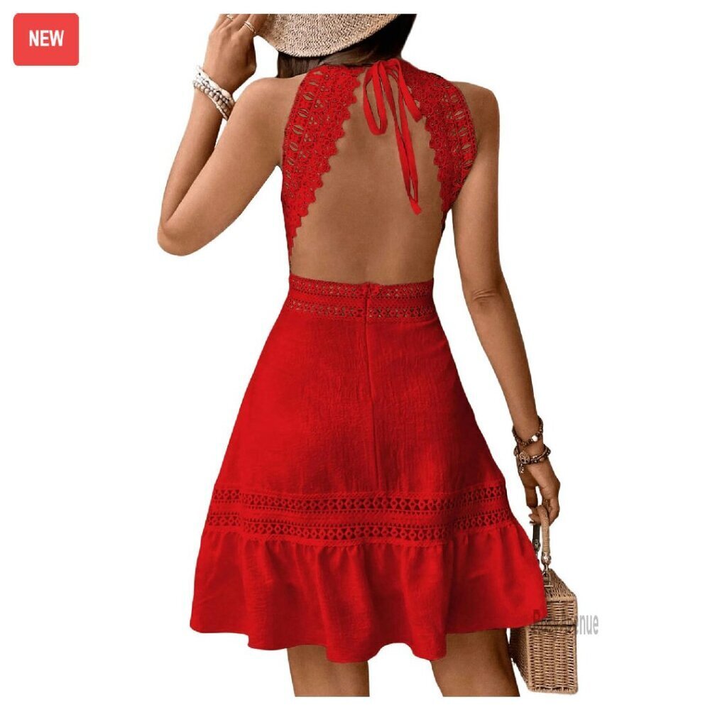 Sleeveless Halter Backless A-Line Dress with Contrast Lace